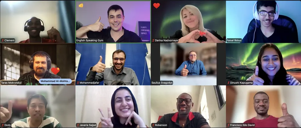 A live Speaking Gym session on Zoom: Coach Dave and members giving a thumbs up